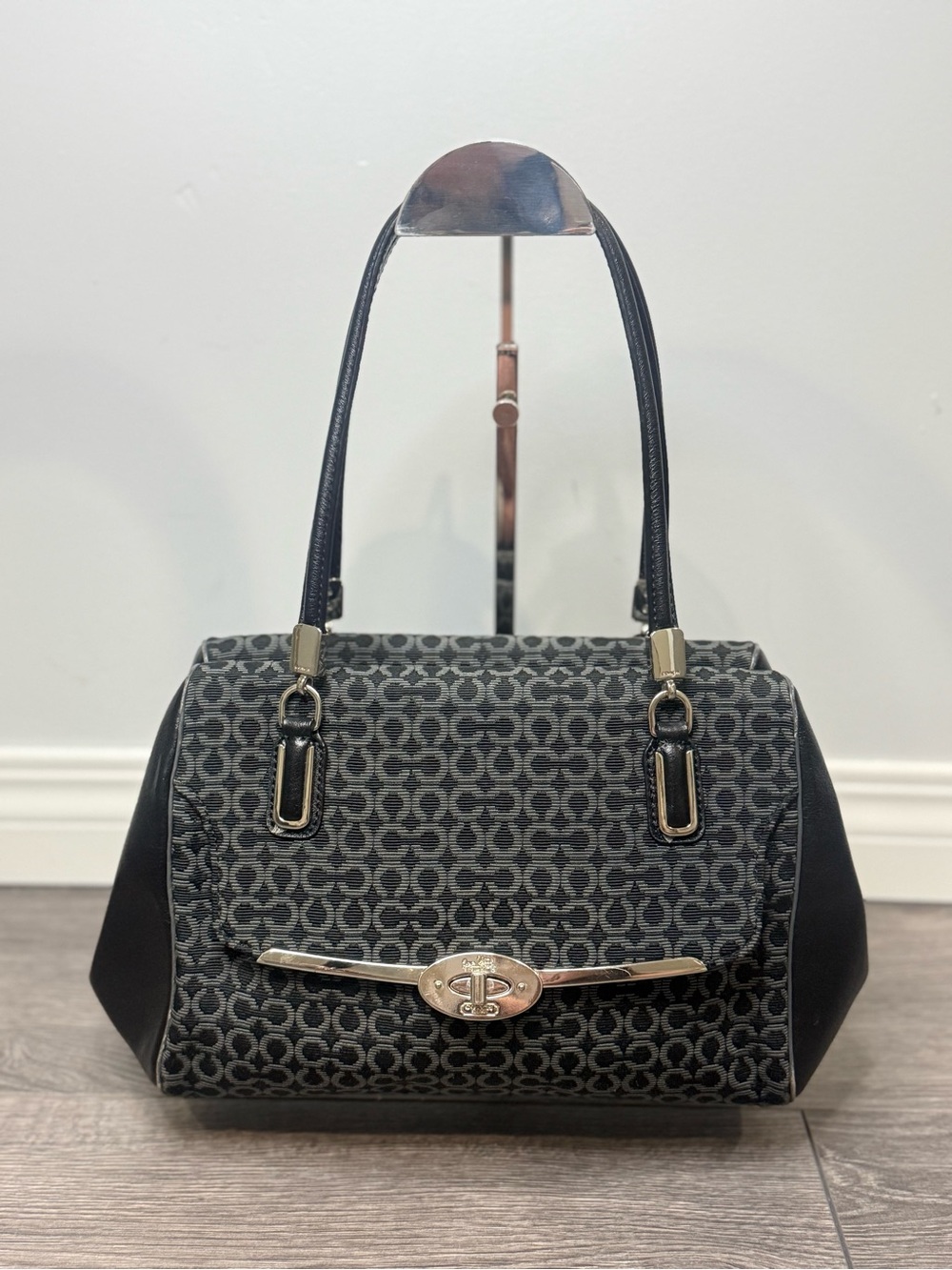 Coach Signature Turnlock Satchel Shoulder Bag Black Gray Jacquard Leather 2013